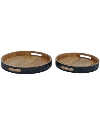 BIDKhome Bidkhome Set Of 2 Wooden Carved Round Trays