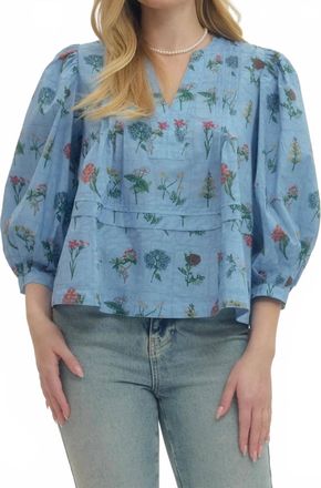 Entro Floral Puff Sleeve Top In Chambray Blue