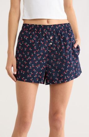 Open Edit Oversize Boyfriend Boxer Shorts in Navy Sweet Cherries at Nordstrom, Size X-Large