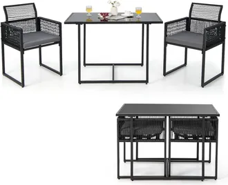 Costway Costway Set Di 3 Pezzi Pranzo Da Giardino, Set Di Tavolo E Sedie Da Esterno In Rattan Pe Con Schienali Pieghevoli, Tavolo In Vetro Temperato, Per Balc