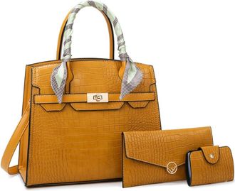 Generic Women Top Handle Crossbody Bag Crocodile Pattern Leather Purse Handbag Ladies Satchel Totes with Clutch 3PCS Set (Yellow)