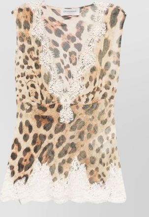 Ermanno Scervino animal print lace trim sleeveless v neck top