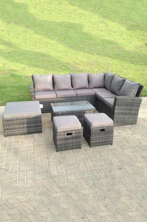 Fimous 9 Seater High Back Rattan Set Corner Sofa With Oblong Coffee Table & 3 Footstool in Dark Grey