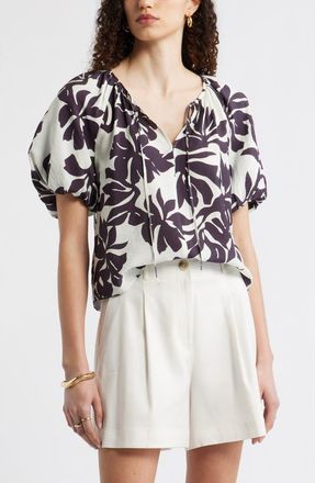 Nordstrom Puff Sleeve V-Neck Shirt in Ivory- Burgundy Spacial Bloom at Nordstrom, Size Xx-Large