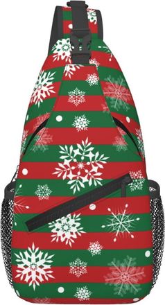Generic Merry Xmas Snowflakes Red Green Horizontal Stripes Sling Bag Trendy Cross Body Bag Anti Theft Daypack For Cycling Traveling Outdoors