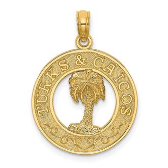 Diamond2Deal 14k Yellow Gold TURKS AND CAICOS with Palm Tree Circle Charm Pendant