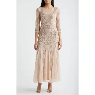 Pisarro Nights Beaded Illusion Neck Gown in Light Blush at Nordstrom, Size 14
