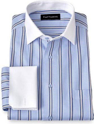 Paul Fredrick Cotton Spread Collar Dobby Tailored Contrast Trim French Cuff Long Sleeve in Blue/red at Nordstrom, Size 17 X 34