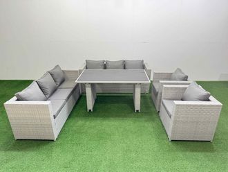 Fimous 8 Seater Outdoor Dining Table 3 Seater Sofa Armchair Set Light Grey
