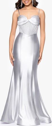 Betsy & Adam Metallic Satin Trumpet Gown in Silver at Nordstrom, Size 10