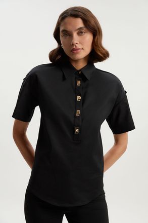 Karen Millen Womens Techno Cotton Woven Short Sleeve Hardwear Detail Shirt - Black - Size 10 UK