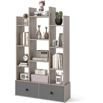 Costway Open-Back Bookshelf Wood Bookcase w/ 12 Compartments-Grey