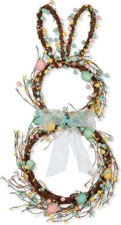Glitzhome Easter Bunny Shaped Wreath with Eggs & Satin Ribbon Bow in Blue at Nordstrom, Size Medium
