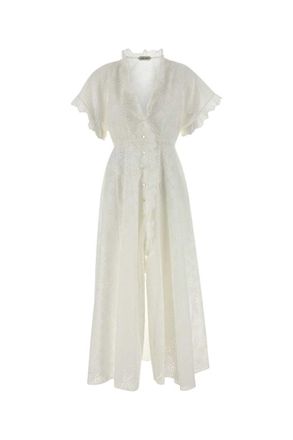 Alberta Ferretti White V-Neck Ruffle Maxi Dress
