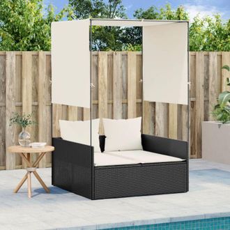 vidaXL Tumbona Doble Con Techo Y Cortinas Rat&aacute;n Sint&eacute;tico Negro Vidaxl
