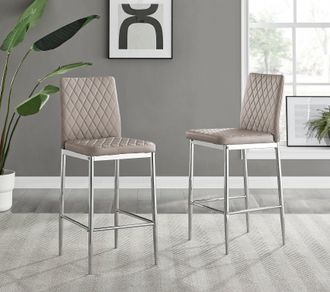 Furniturebox Set of 2 Milan Hatched Faux Leather Padded Counter Stools With Silver Chrome Metal Legs in Beige