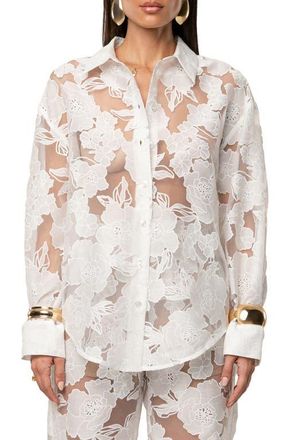 JLUXLABEL Embroidered Floral Cotton Blend Organza Button-Up Shirt in Ivory at Nordstrom, Size Medium