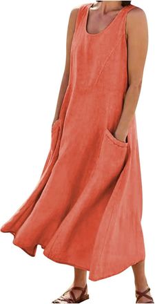 Generic Womens Summer Sleeveless Cotton and Linen Dress 2025 Boho House Casual Loose Solid Maxi Dresses for Women with Pockets (Orange,3XL)