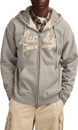 Lucky Brand Logo Appliqu&eacute; Cotton French Terry Zip Hoodie in Heather Grey at Nordstrom, Size Xx-Large