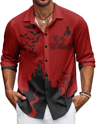 Generic Halloween Mens Long Sleeve V-Neck Shirt - Pumpkin Autumn Winter Casual Button T-Shirt (UK, Alpha, 4XL, Regular, Regular, 10)