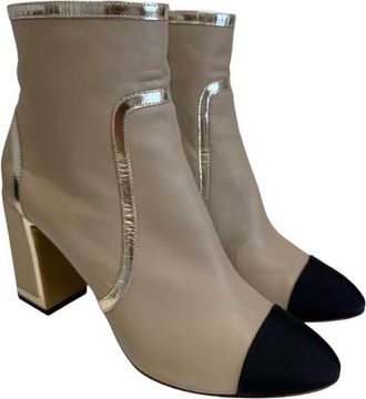 Chanel Beige Leather Heeled Boots with Silver Trim Size 40