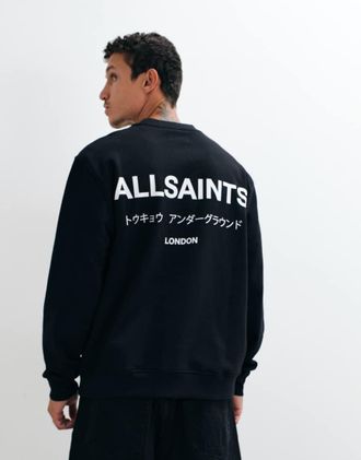 AllSaints felpa girocollo con logo grafico Underground e stampa sul retro nera-Nero