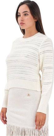 Akep Gestreepte Gebreide Trui - Dames - Ronde hals truien - Beige - M - Wol - Truien & Vesten