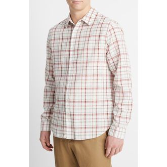 Vince Oakmont Plaid Linen & Cotton Button-Up Shirt in Alabaster/dried Cact at Nordstrom Rack, Size Xx-Large