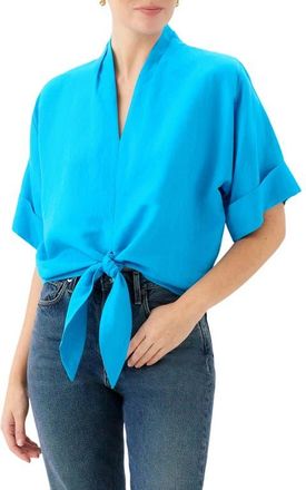 Fifteen Twenty Janice Cuffed Tie Hem Linen Blend Top in Turquoise at Nordstrom, Size X-Small