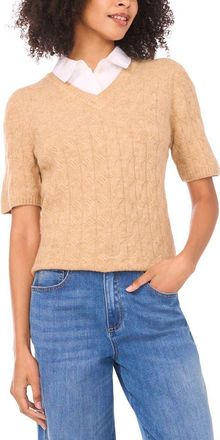 Vince Camuto Layered Look Cable Short Sleeve Sweater in Latte Heather at Nordstrom, Size X-Small