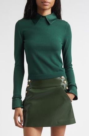 Alice & Olivia Porla Satin Trim Stretch Wool Sweater in Green Mystique at Nordstrom Rack, Size Medium