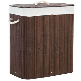 Beliani Cesta De Madera De Bamb&uacute; Oscura 60 Cm 2 Compartimentos Tapa Asas De Cuerda Kandy