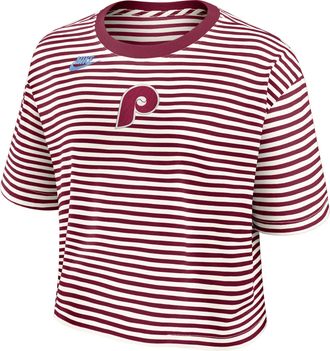 Nike Philadelphia Phillies Cooperstown Logo Striped Nike Womens MLB Cropped T-Shirt in Red | 048P0H7MPHP-YLT