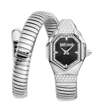 Just Cavalli Womenss Snake Watch, Silver Color Case, Black Dial, Stainless Steel Bracelet