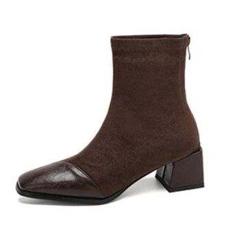 Generic Women Square Toe Suede Knit Ankle Boots PU Leather Toe Cap Block Heels Side Zipper Stretchy Fit Sleek Casual Cushioned Comfortable Durable Fashion,Bro