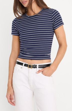 Good American Stripe Rib Baby Tee in Simple Stripe Horizon Ink at Nordstrom, Size X-Large