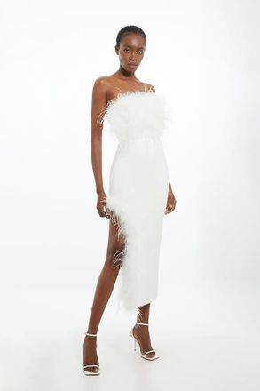 Karen Millen Feather Detail Bandeau Knit Midi Dress in Ivory at Nordstrom, Size X-Small