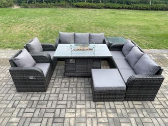 Fimous Garden Patio Furniture Wicker Rattan Gas Fire Pit Table & Sofa set with Recling Chair Side Table Big Footstool in Dark Grey