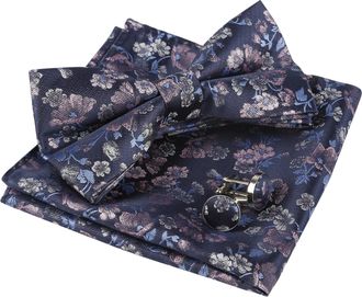 Alizeal Mens Floral Pattern Pre-tied Bow Tie, Pocket Square and Cufflinks Set, Navy+Pink