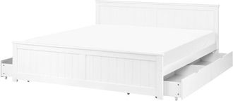 Beliani Bed Frame White Pine Wood MDF EU Super King Size 6ft with Drawers Headboard Minimalist SABRAN