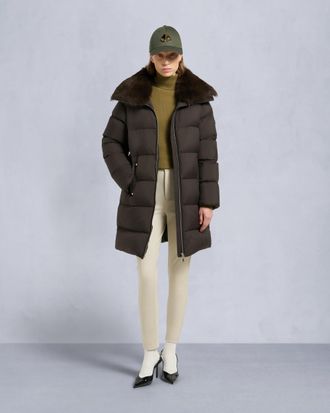 Moose Knuckles Womens Belle Dune Long Shearling Trim Puffer