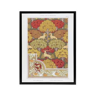 Artery8 Stag Deer Trees Framed Canvas Wall Art Print Vintage Floral Verneuil in Green | Size: W24 x H32