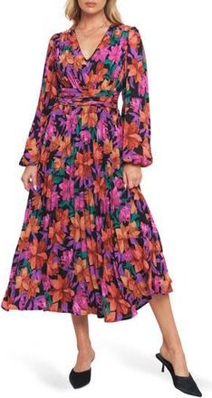 Flying Tomato Floral Billowy Sleeve Midi Dress in Black/Red Multi at Nordstrom Rack, Size Medium