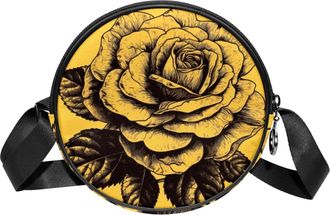 Generic Circle Crossbody Bag for Women, Yellow and Black Rose Small Sling Bag Daypack with Zipper Adjustable Shoulder Straps Casual Ladies Girls Round Purse