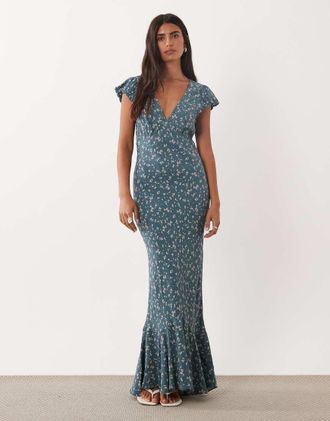 Asos vestito lungo da giorno con maniche a palloncino e scollo a V, stampa a fiorellini verde scuro-Multicolore