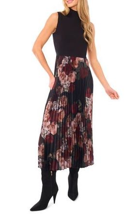 Halogen Floral Mixed Media Sleeveless Midi Dress in Rich Black at Nordstrom Rack, Size X-Large