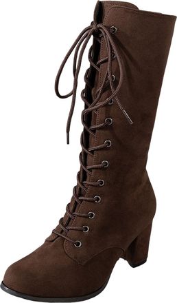 Generic Wide Calf Knee High Boots,Knee High Boots Women,Ladies Chunky Block Heel Lace Up Mid Calf Combat Biker Boots Fall Winter Chunky Mid Heels Suede Boot L