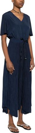 Herno Geplooide Jurk met V-hals - Dames - Casual kleedjes - Blauw - L - Polyester - Kleedjes