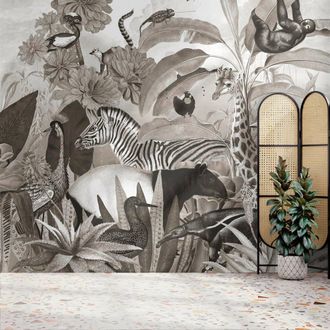 Superfresco Easy Jungle Animals Black & White Print To Order 3m x 2.8m Mural