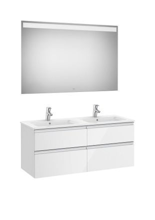 Roca Roca - Pack De Mueble Base De Cuatro Cajones, Lavabo Doble Y Espejo Led The Gap Color: Blanco Brillo